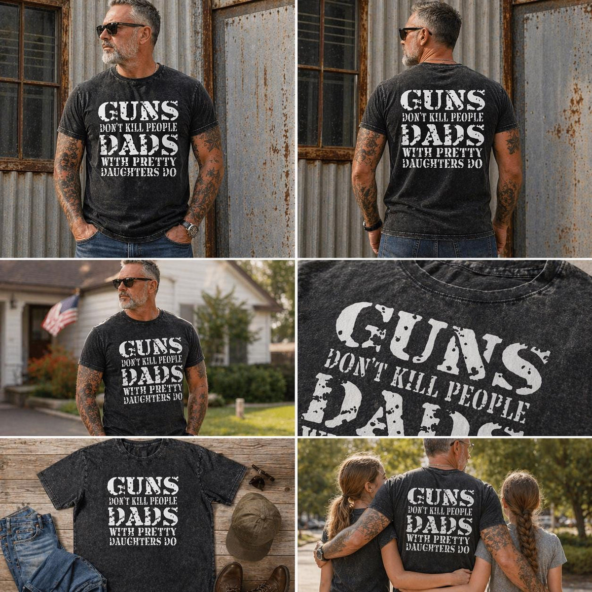 Protective Dad Shirt, Funny Girl Father Tee, Guns Dont Kill People, Humor Papa Gift, Men Dark Wash Top, Daughter Protector