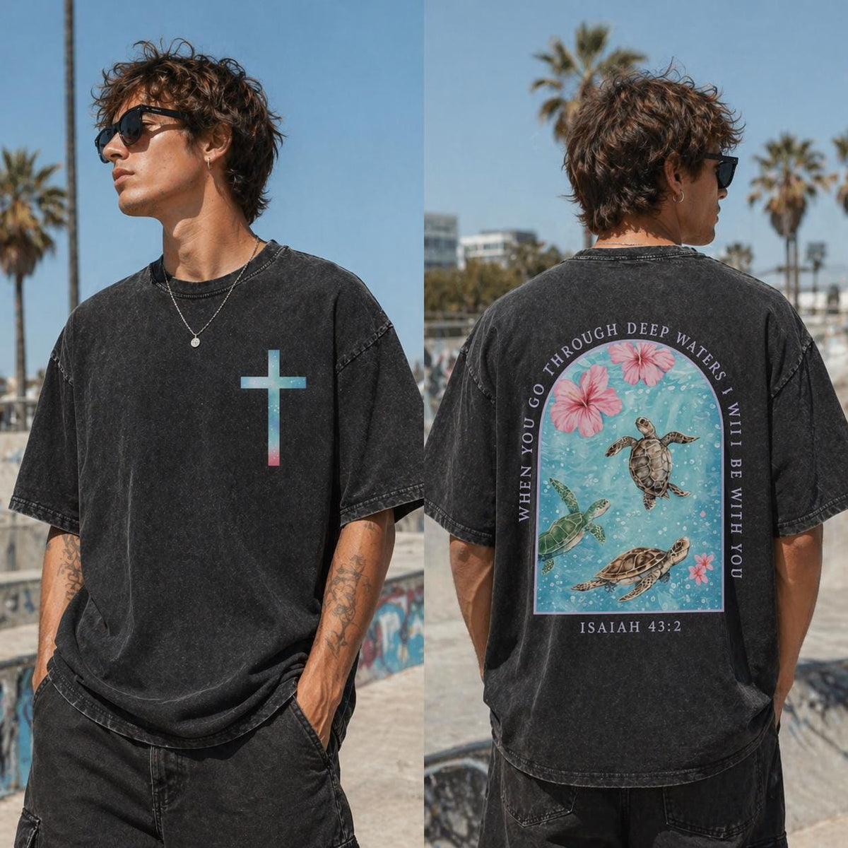 Isaiah 43 2 Shirt, Christian Wash Tee, Sea Turtle Faith Bible Verse Vintage Shirt, Religious Cross Graphic Top, Jesus Ocean Gift