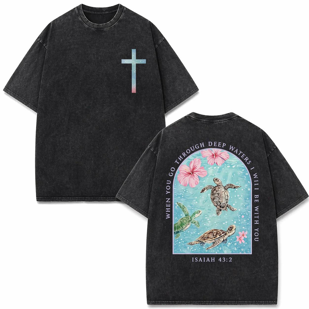 Isaiah 43 2 Shirt, Christian Wash Tee, Sea Turtle Faith Bible Verse Vintage Shirt, Religious Cross Graphic Top, Jesus Ocean Gift