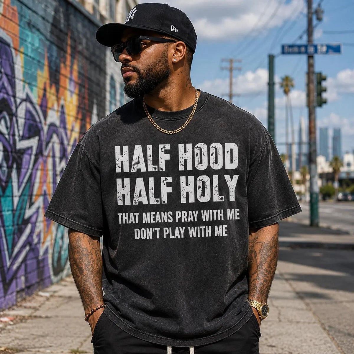 Half Hood Holy Shirt, Pray With Me Tee, Funny Christian Top, Urban Faith Apparel, Streetwear Wash Graphic, Unisex Believer Gift