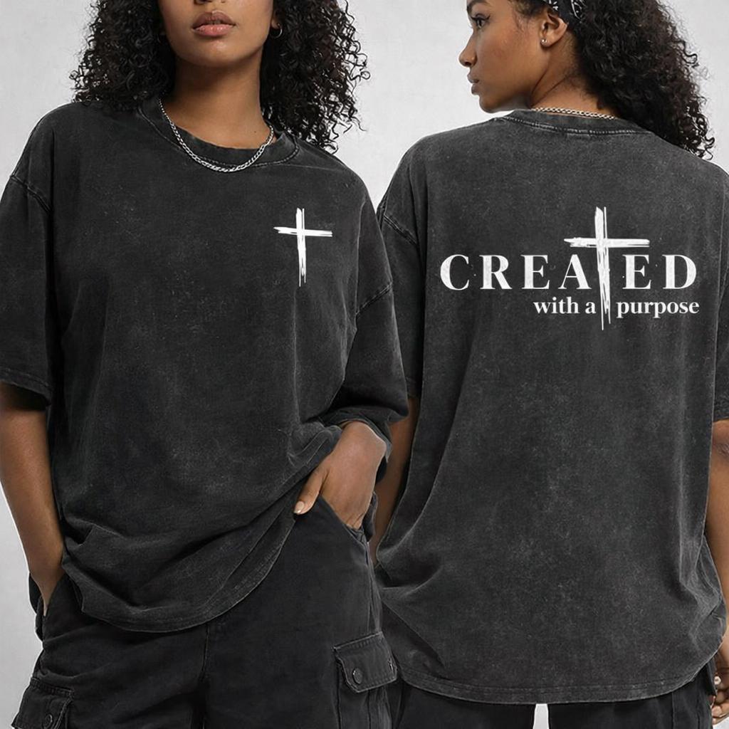Created With A Purpose Shirt, Christian Cross Wash Tee, Faith Graphic Apparel, Minimalist Religious Top, Jesus Gift