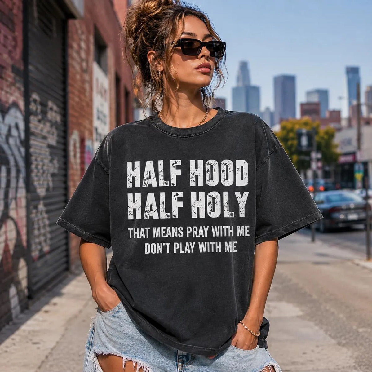 Half Hood Holy Shirt, Pray With Me Tee, Funny Christian Top, Urban Faith Apparel, Streetwear Wash Graphic, Unisex Believer Gift